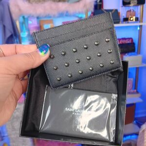 New Yves Saint Laurent Black Metallic Studded Leather Card Holder Unisex men's a